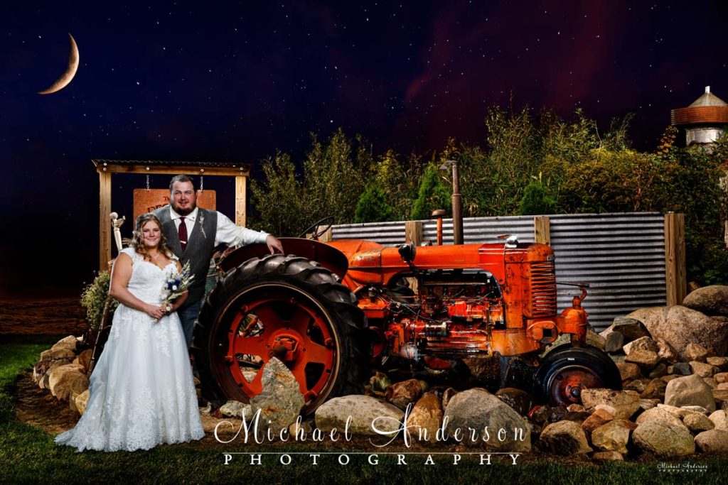 Bride-groom-cool-farm-tractor-light-painting-at-The-Historic-Deglman-Farm-under-a-waxing-crescent-moon
