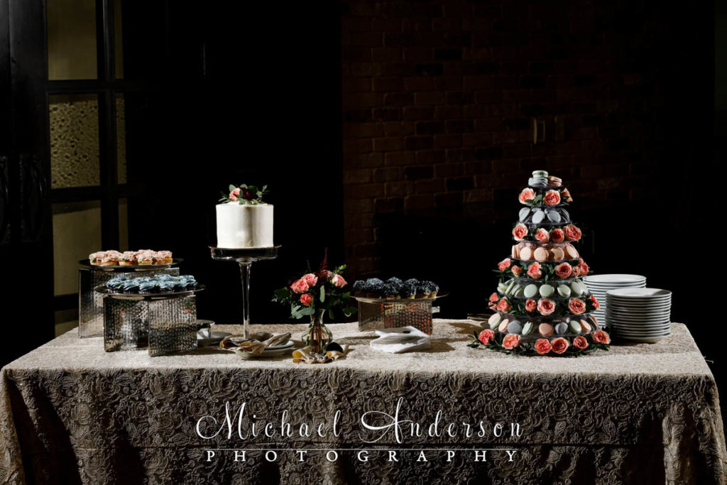 Photo of the pretty wedding cake table at M ST. Cafe at The Saint Paul Hotel.