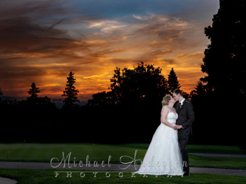 Bride, groom, and a pretty sunset at Golden Valley Country Club.
