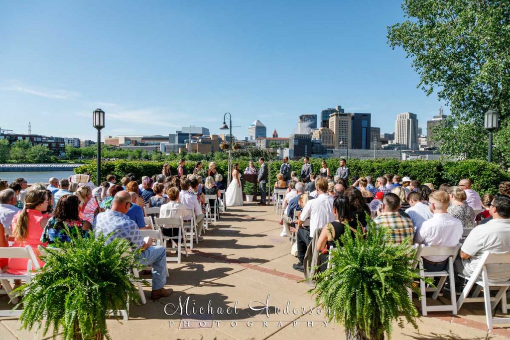 Outdoor wedding ceremony on Harriet Island in St. Paul, MN.
