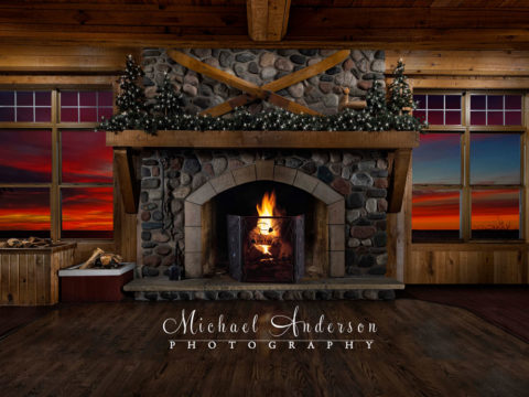 Light painted photo of the fireplace at Cove Point Lodge in Beaver Bay, MN.
