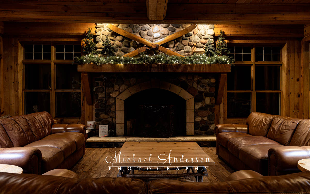 A pre-light painting photo of the fireplace at Cove Point Lodge in Beaver Bay, MN.