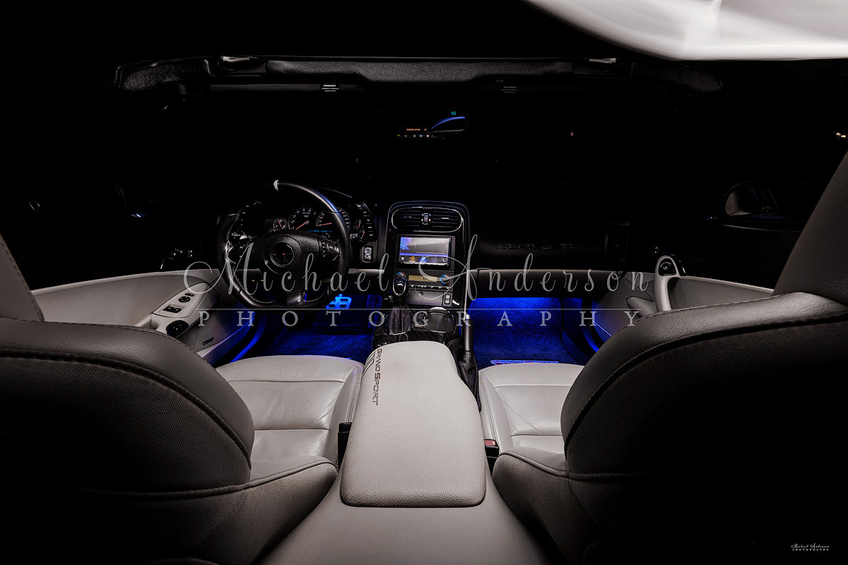 The interior of a 2013 Corvette Grand Sport prior to having it light painted by Michael Anderson Photography.