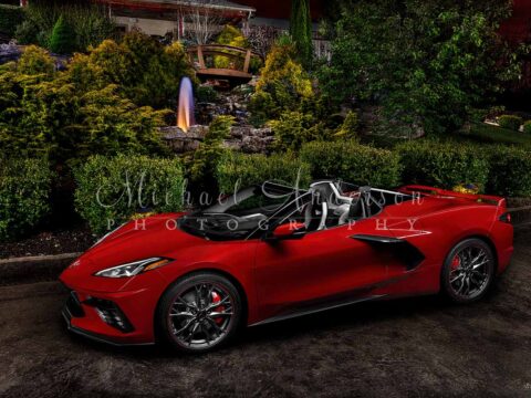 A stunning painted photograph of a brand new Torch Red 2023 C8 Corvette Stingray created at Seven Springs Winery in Lynn Creek, Missouri.