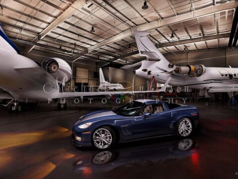 A really cool light painted photograph of a 60th anniversary Corvette Grand Sport and 3 corporate jets that was created at the Spirit of St Louis Airport in Chesterfield, Missouri.