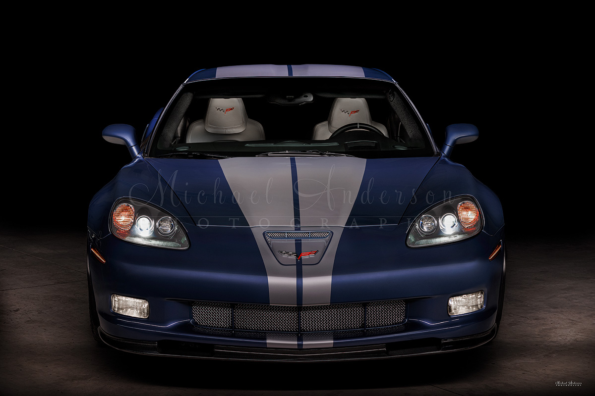 A pretty light painted photograph of the front end of a mint condition 2013 Corvette Grand Sport. This one-of-a-kind photograph was created by Michael Anderson Photography.