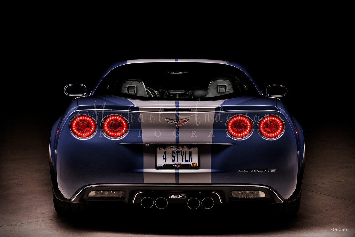 Light painted photograph of the rear end of a 2013 Corvette Grand Sport. This one-of-a-kind photograph was created by Michael Anderson Photography.