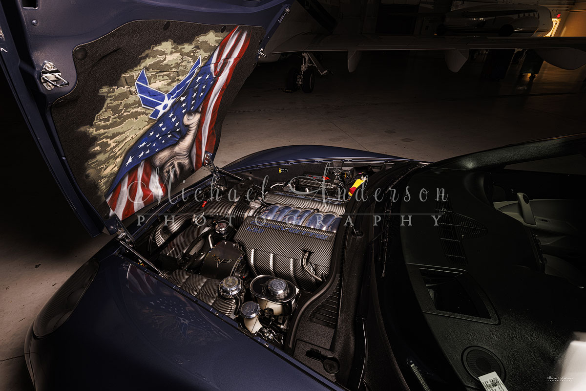 The engine bay of a 2013 Corvette Grand Sport prior to being light painted by Michael Anderson Photography.