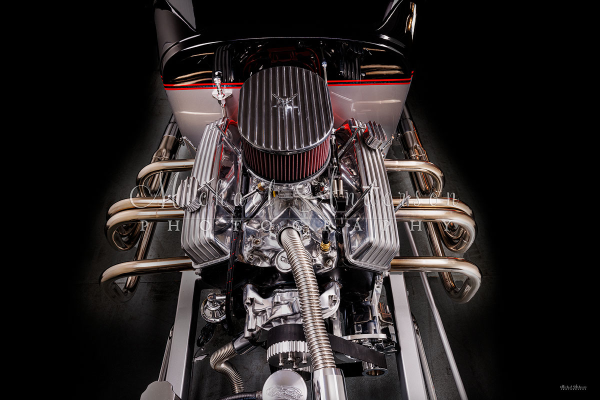 Light painted photo of the engine compartment of a Spirit 1927 Model T Roadster. This a deluxe kit with a General Motors 350cu/390 hp motor.
