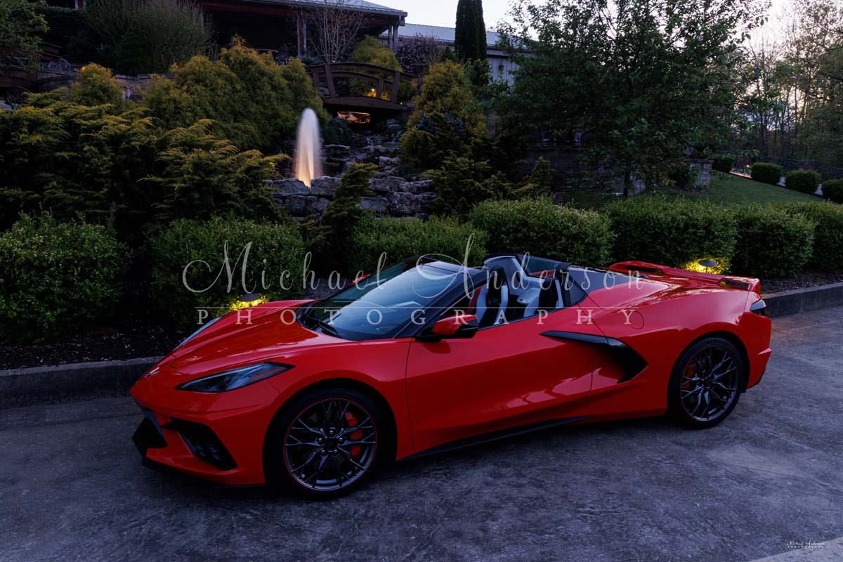 A pre-light painting photo of a brand new 2023 C8 Corvette Stingray at Seven Springs Winery in Lynn Creek, Missouri.