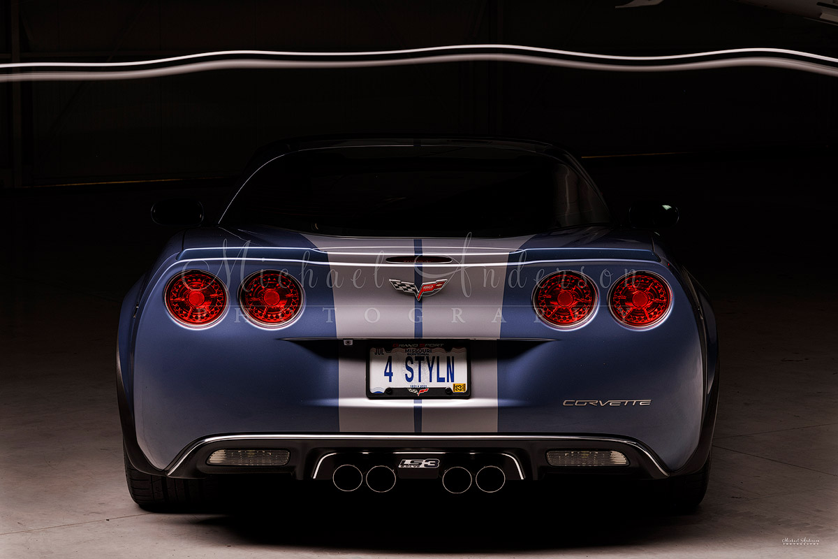 The rear end of a 2013 Corvette Grand Sport prior to being light painted by Michael Anderson Photography.