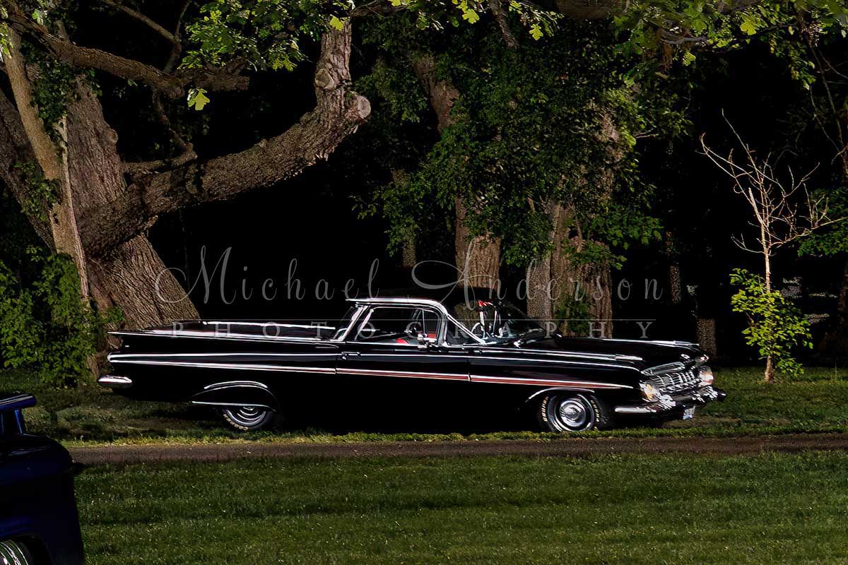 A light painted photograph of a 1959 Chevy El Camino. Part of a five-vehicle light painting project.