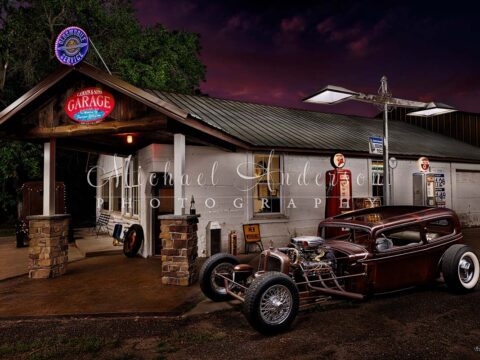 A beautiful light painted photo of a 1933 Chevy 2-Door Sedan at Cahoon's Garage in Dallas, Wisconsin.