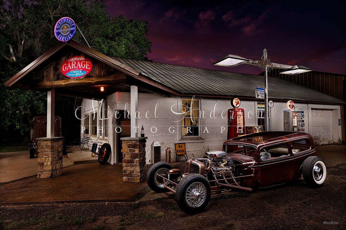 A beautiful light painted photo of a 1933 Chevy 2-Door Sedan at Cahoon's Garage in Dallas, Wisconsin.