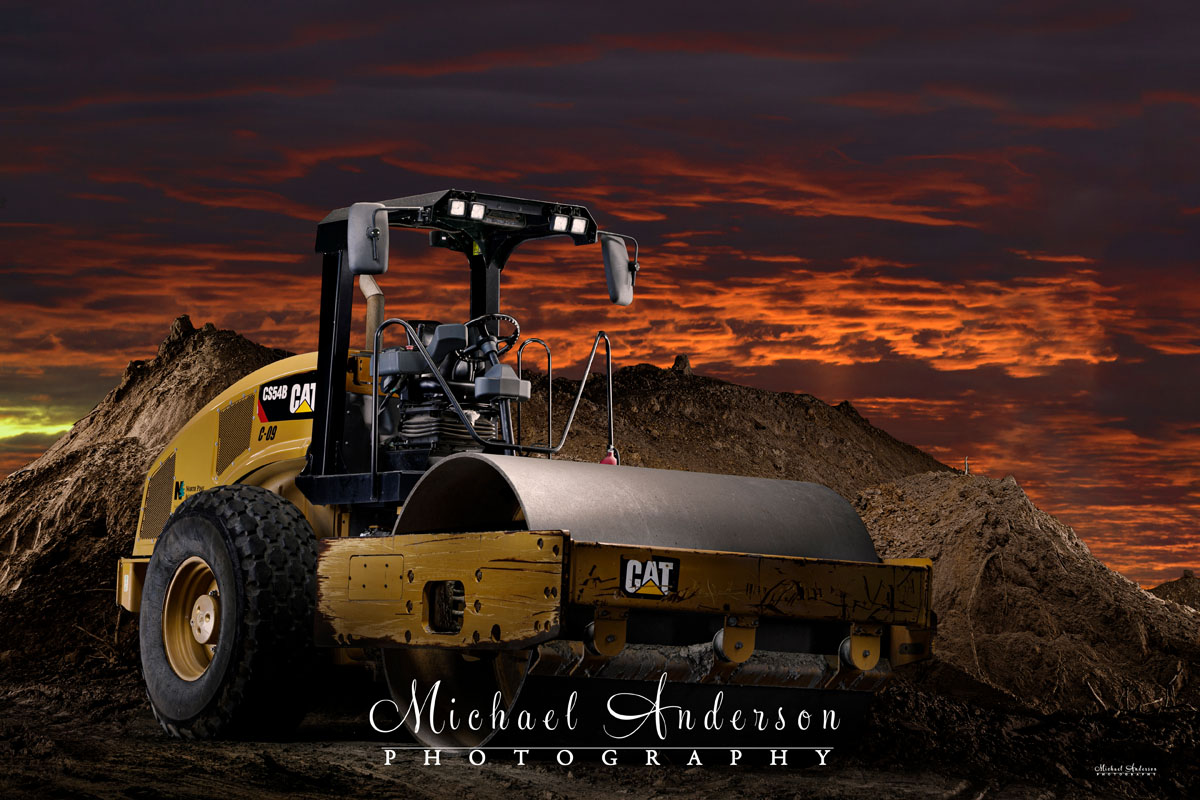 A stunning light painted photo of a Catapillar CS54B Steamroller! This piece of heavy equipment is owned and operated by North Pine Aggregate in Forest Lake, MN.
