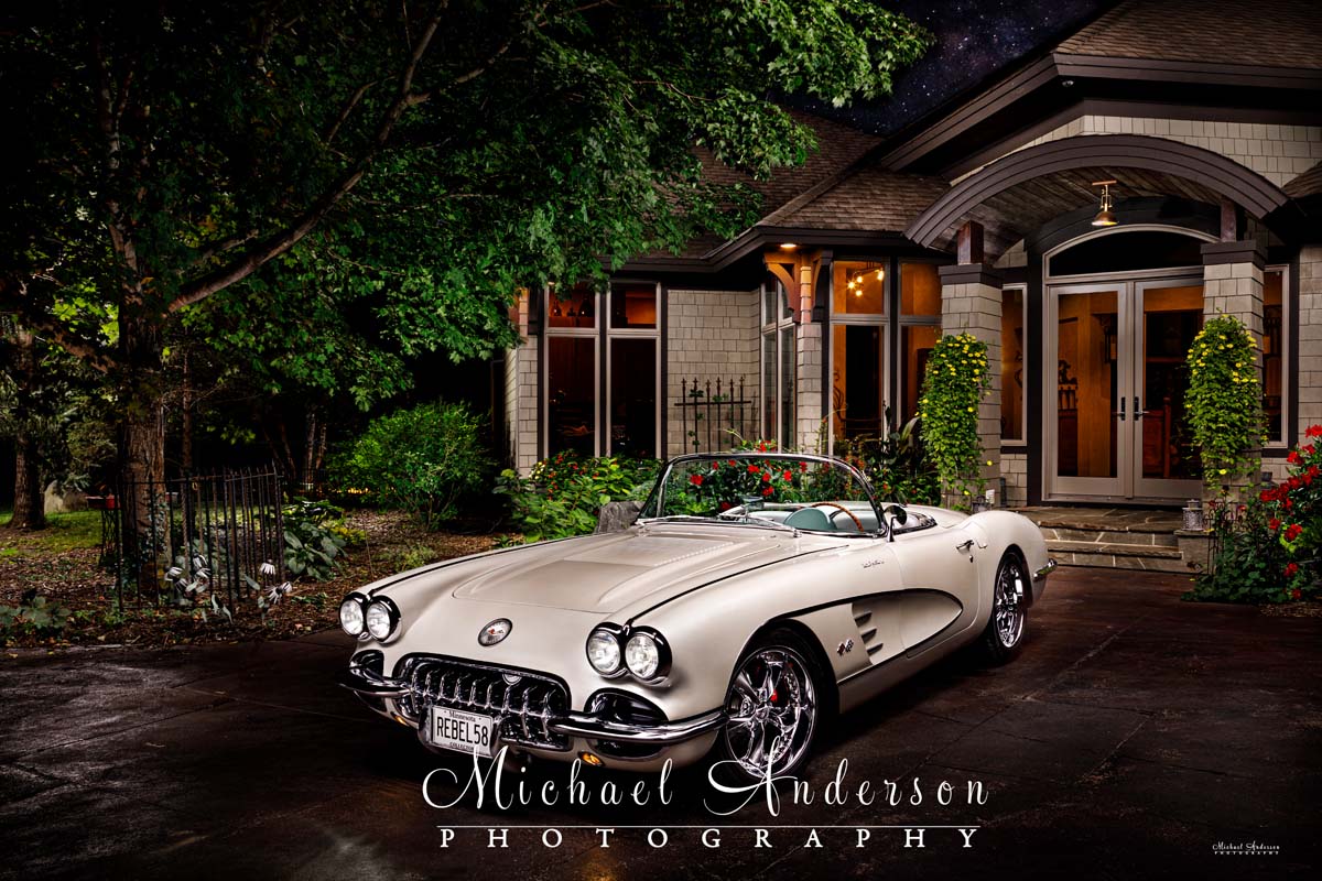 A beautiful light painted photo of the front of a 1958 C1 Corvette Resto-mod created at the clients home.