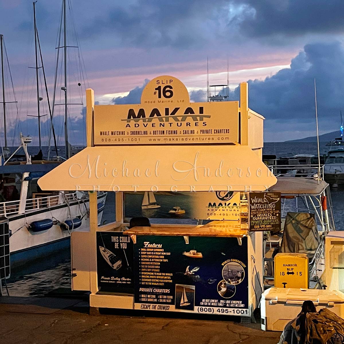 Makai Adventures at Slip 16 in the Lahaina Harbor. Photo taken in winter of 2023.