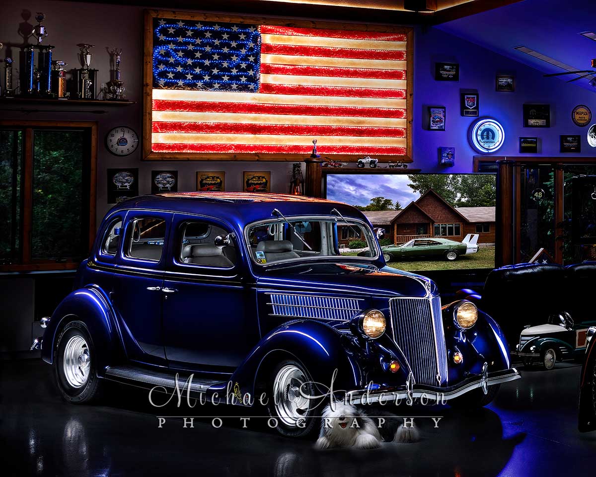 A cool light painted photo of a blue 1936 Ford Sedan.