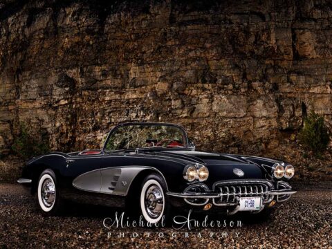 A beautiful light painted black and silver 1958 C1 Corvette.