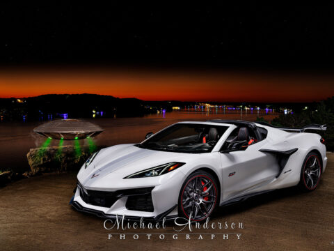 A beautiful light painting of a 70th Anniversary Corvette Z06 created at Lake of the Ozarks, MO. A flying saucer from the movie "Men In Black" is also there!