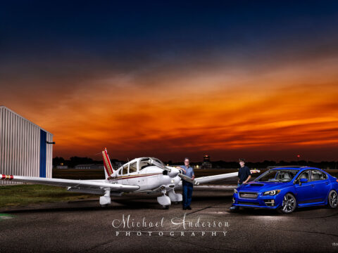 A cool father and son light-painted photograph with a Subaru WRX and Piper Dakota N2904R. Image was created at the Crystal Airport in Crystal, Minnesota.