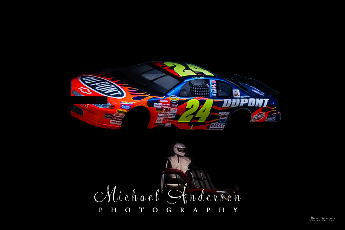 Light painted photograph of NASCAR #24 and a driver's suit.