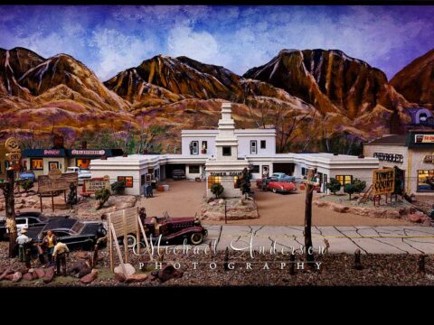 The center section of a highly detailed Route 66 diorama light painted photograph. This portion features the Tower Court Motel.