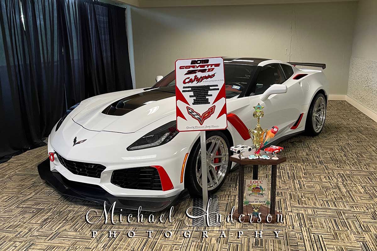 A stunning white 2023 Corvette Z06. This hot car was the "Best of Show" winner at the Lake of the Ozarks Corvette Club Show in 2024.
