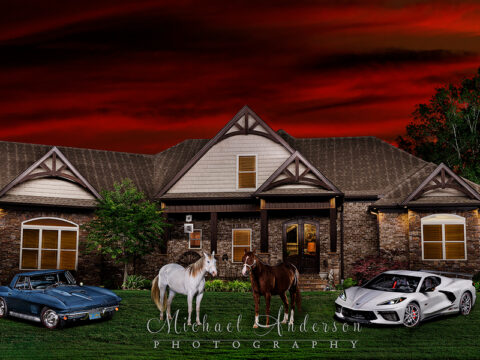 A stunning light painted photograph of two racehorses and a pair of Corvettes (a 1967 C2 and a 2023 C8).