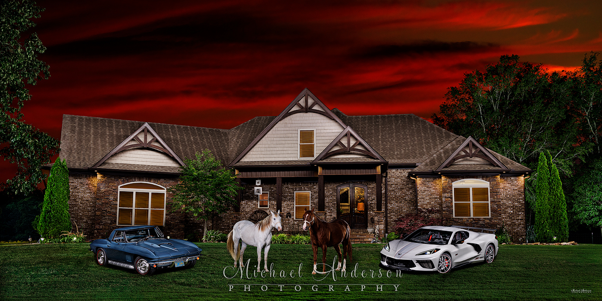 A stunning light painted photograph of two racehorses and a pair of Corvettes (a 1967 C2 and a 2023 C8).