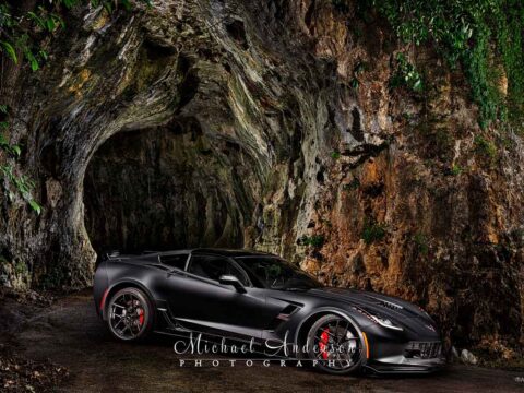 Photo of a 2019 Corvette Grand Sport in front of a cave in south Missouri.