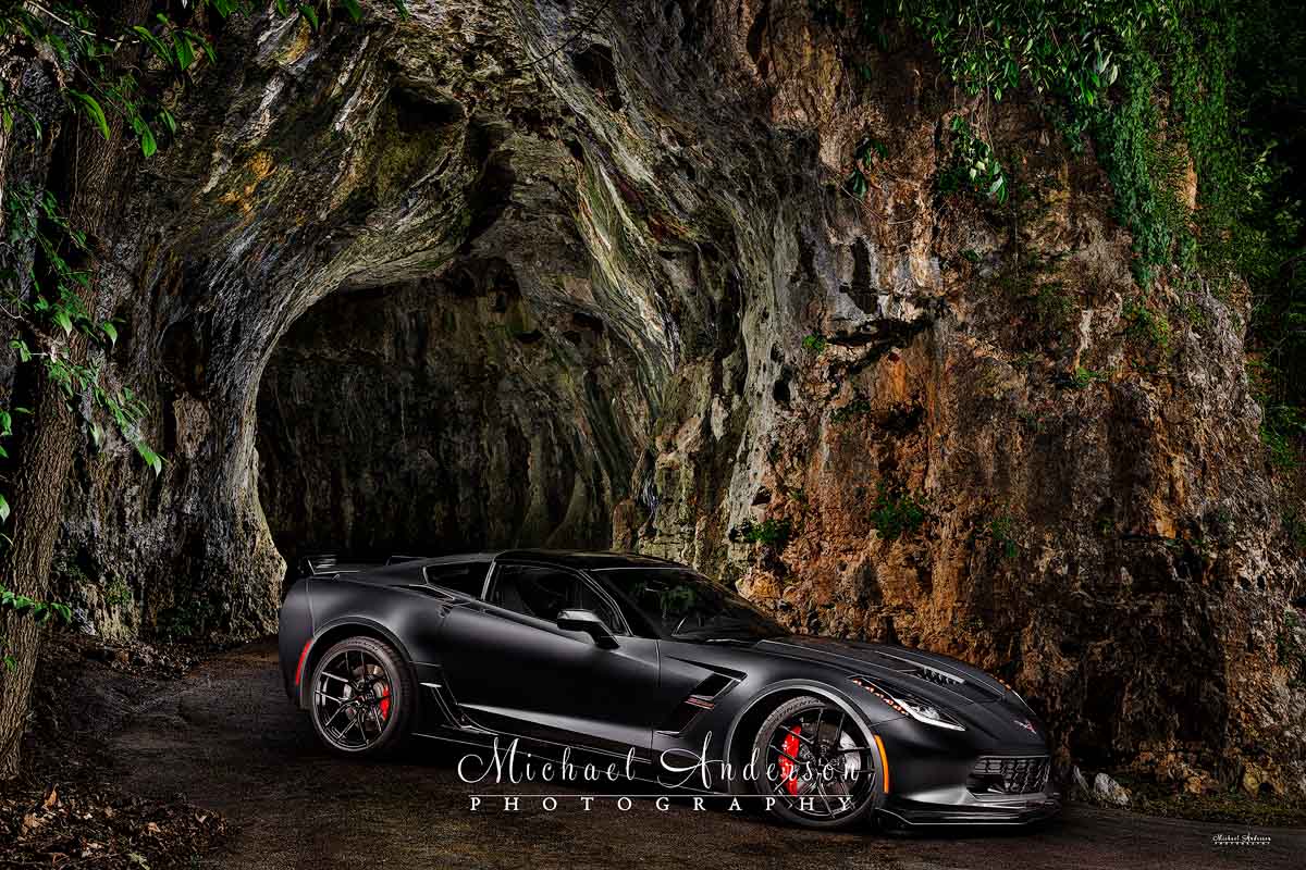 Photo of a 2019 Corvette Grand Sport in front of a cave in south Missouri.