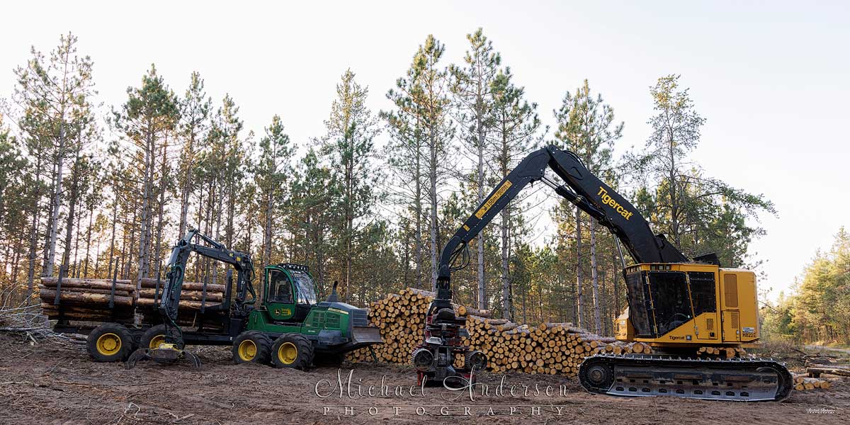 The setup photo, prior to light painting it, of a John Deere 1210 Forwarder and a Tigercat H822E Skidder with a Waratah HTH623C Harvester Head.