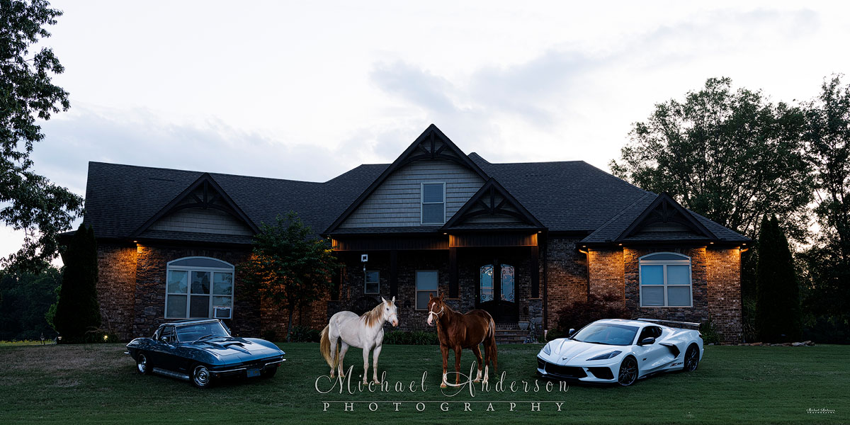 The setup shot, prior to light painting everything in the scene. There's two Corvettes, a '67 and a 2023, as well as two racehorses in front of the client's beautiful home.