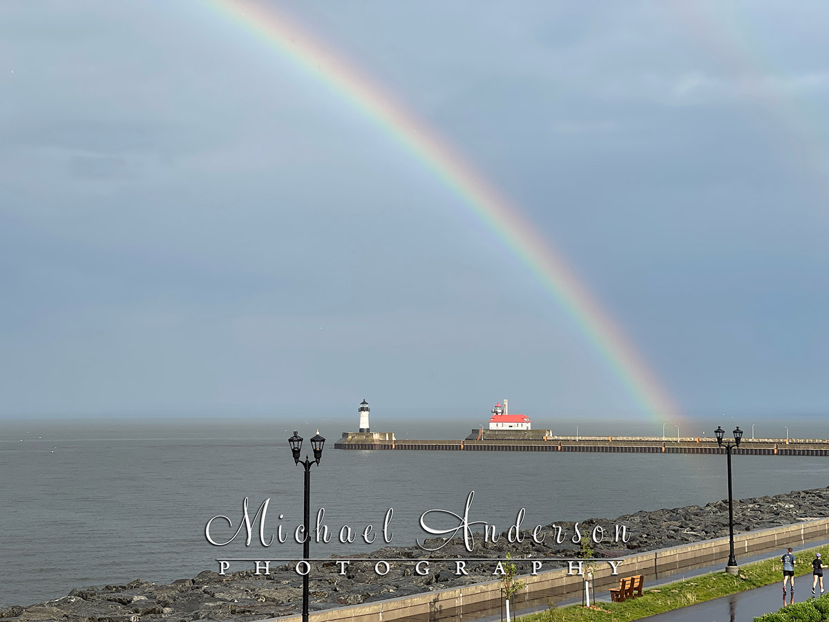 A pretty rainbow over the lighthouse in Duluth, Minnesota.