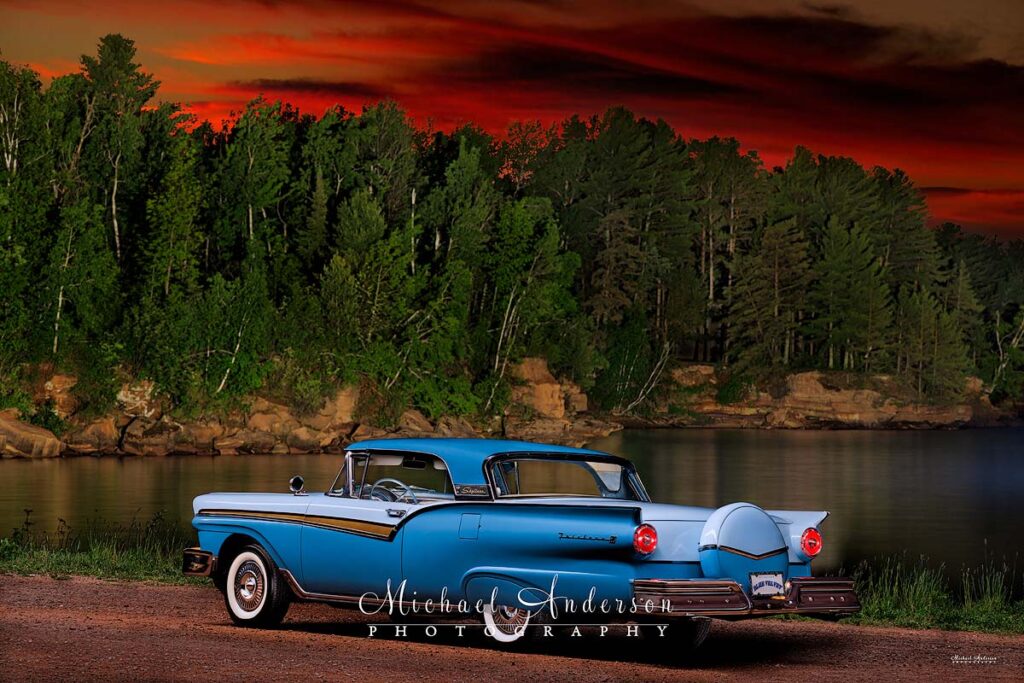 Pretty-light-painted-photograph-of-a-1957-Ford-Fairlane-500-Skyliner-by-Lake-Superior-in-Washburn-Wisconsin