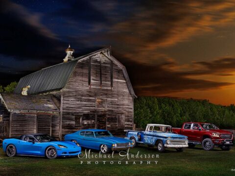 A beautiful four-vehicle light painting project at a wonderful old barn in Wisconsin. In the photo are a blue 2009 Corvette, a blue 1972 Chevelle, a blue 1963 Chevy Stepside C20, and a red 2021 Dodge Ram Pickup truck.