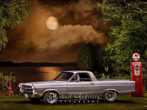 Light painted photograph of a silver 1967 Ford Fairlane Ranchero.