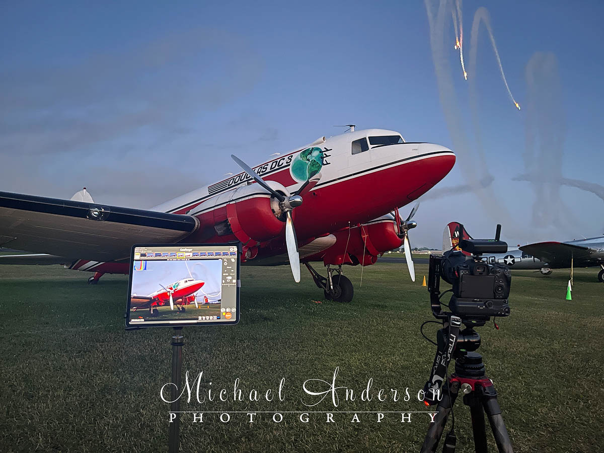 A behind-the-scenes look at the light painting setup for Douglas DC-3 N728G.