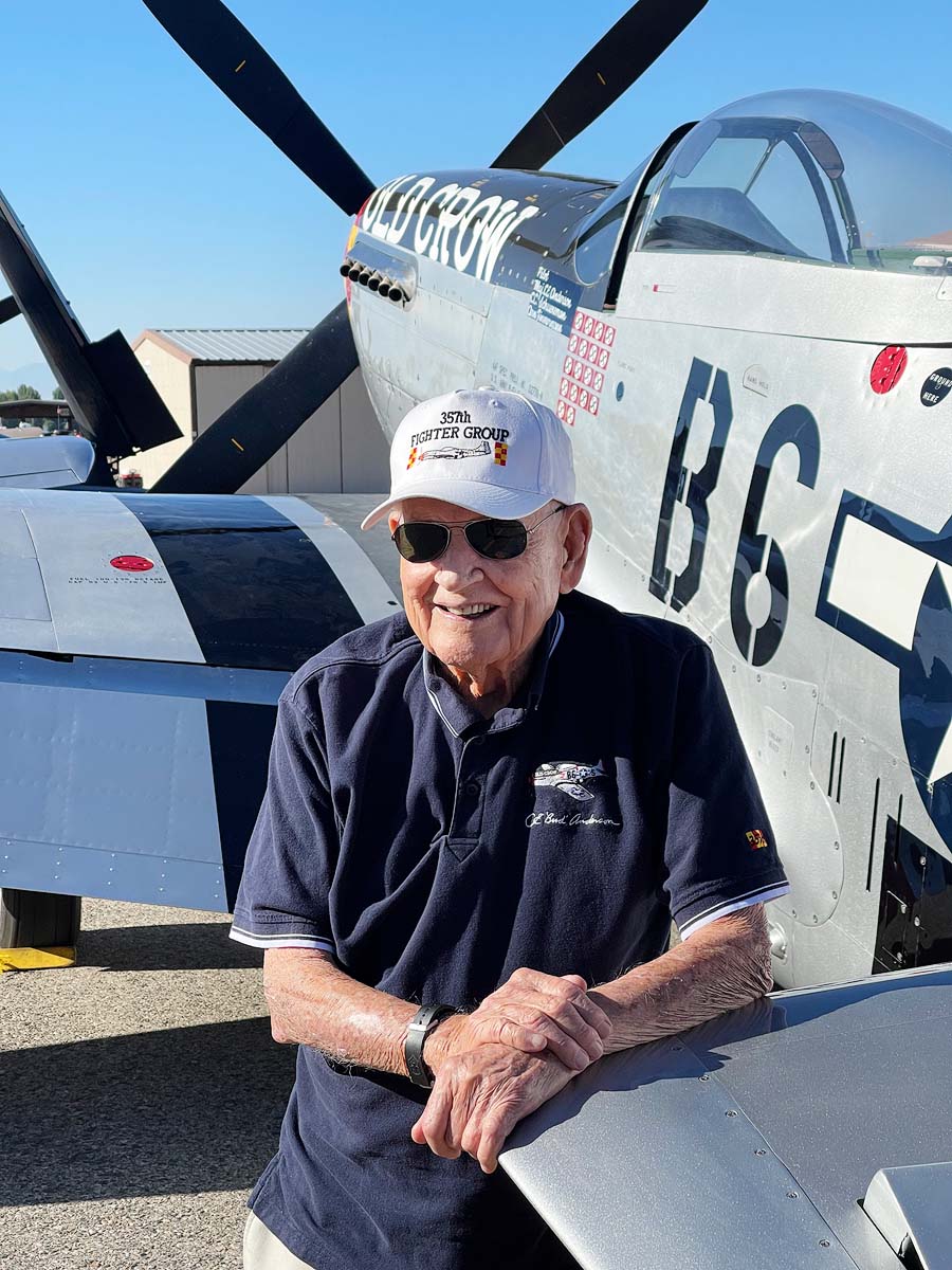 "Bud" Anderson with "Old Crow", a P-51-D Mustang Fighter.