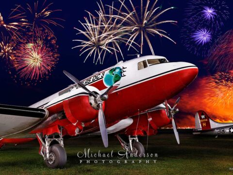 The stunning light painted photograph of Douglas DC-3 N728G created during the Saturday fireworks show at the 2025 AirVenture in Oshkosh, WI.