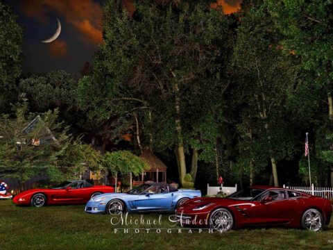 A stunning light painting of 3 Corvettes.