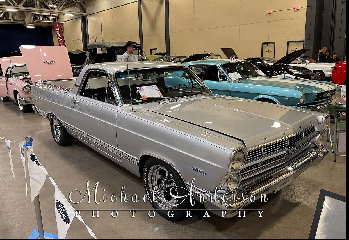 Front end view of a silver 1967 Ford Fairlane Ranchero at the 2025 Motorhead Madness Duluth Minnesota.