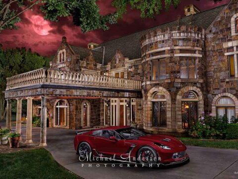 Light painted photograph of a Long Beach Red 2016 Corvette Z06 and cool mansion under a blood moon.