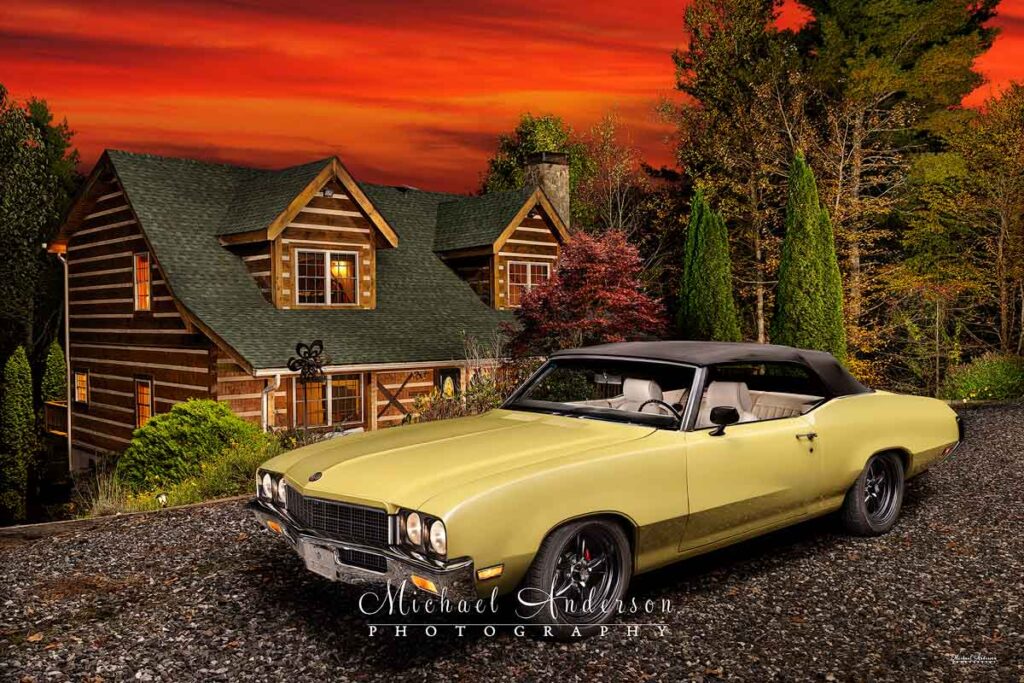 A stunning light painted photograph of a 1972 Buick Skylark Convertible and a cabin the mountains of North Carolina.