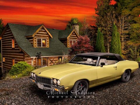 A stunning light painted photograph of a 1972 Buick Skylark Convertible and a cabin the mountains of North Carolina.