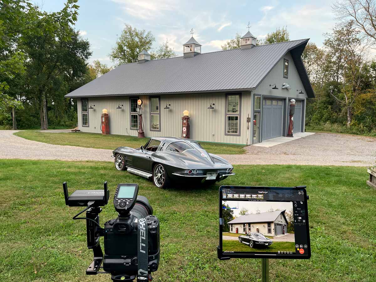 Behind-the-scenes photo for our Canon R5, iPad Pro, and a beautiful 63 Split-Window Corvette print to light painting it.