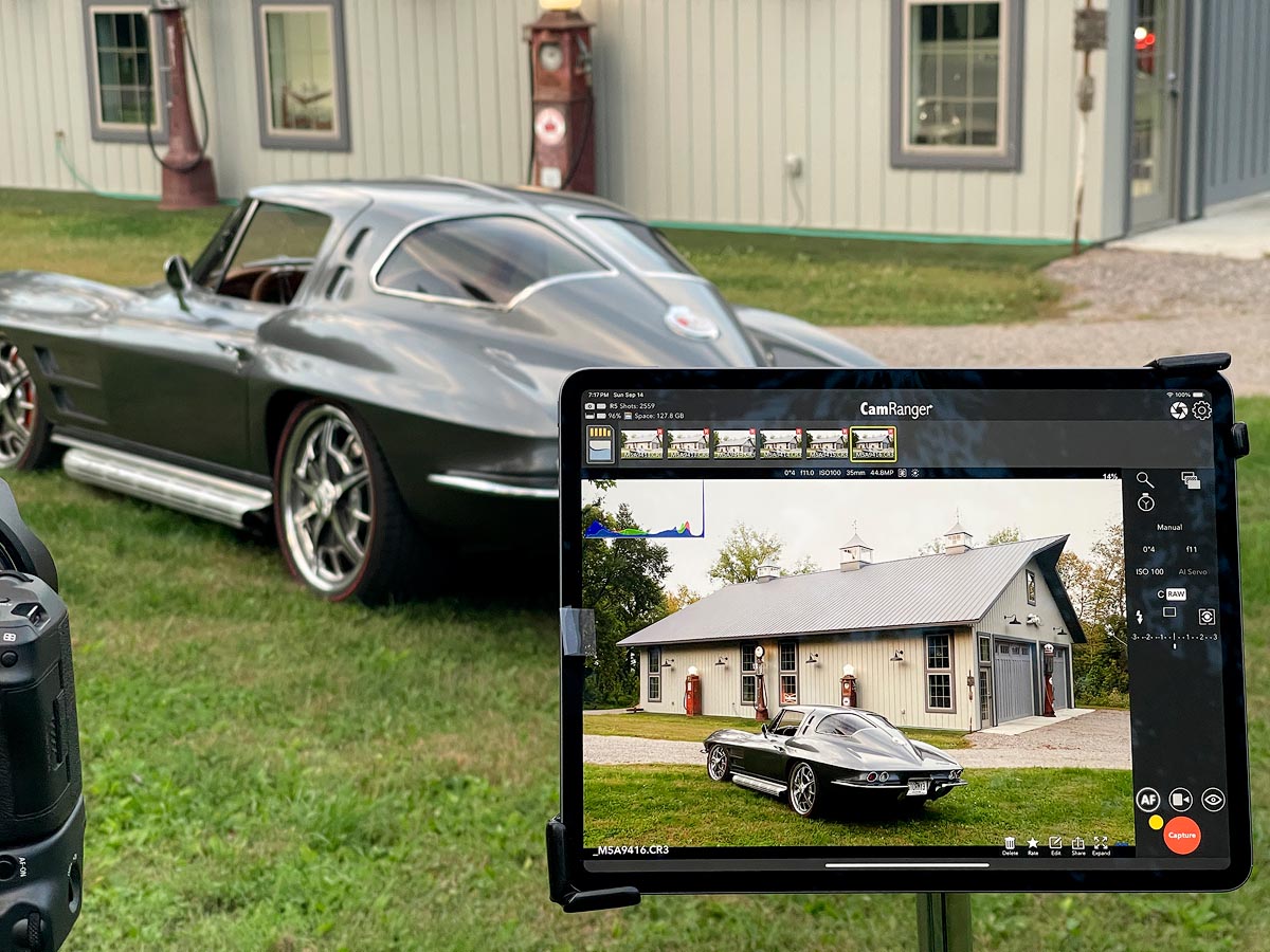 Behind-the-scenes photo close up of our iPad Pro and a beautiful 63 C2 Corvette print to light painting it.