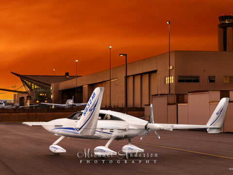 A beautiful light painted photograph of the back of 2000 Velocity Experimental Aircraft N832AB at Raleigh-Durham International Airport.