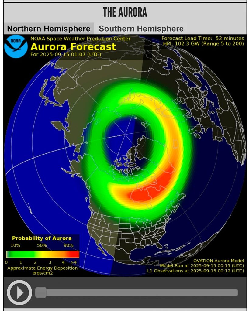 Aurora prediction for September 14, 2025 from The Space Weather Prediction Center for that evening.